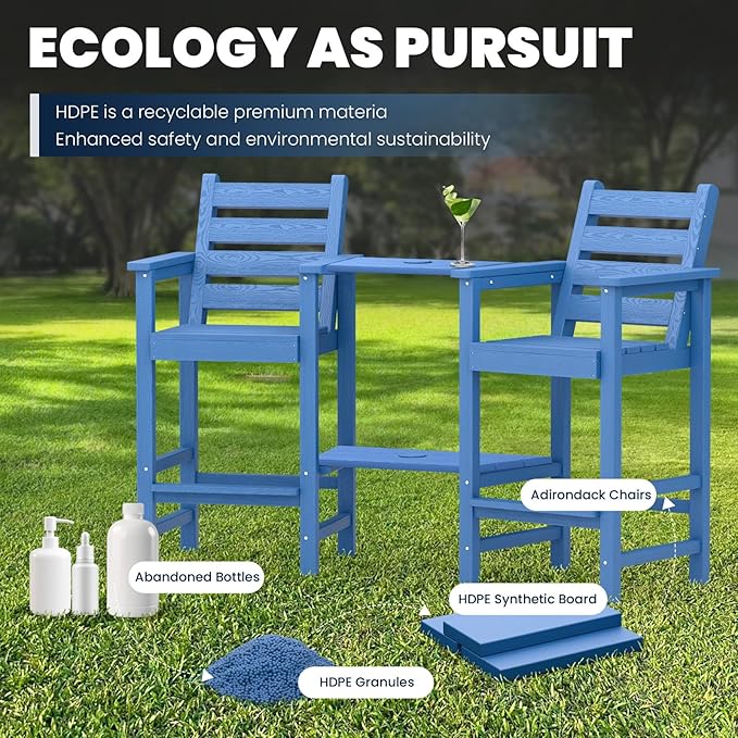 Tall Adirondack Chairs Set of 2, All Weather HDPE Poly Bar Height Balcony Adirondack Chair with Removable Double Connecting Trays, Outdoor Adirondack Barstools for Deck, Patio, Yard, Pool, Lawn