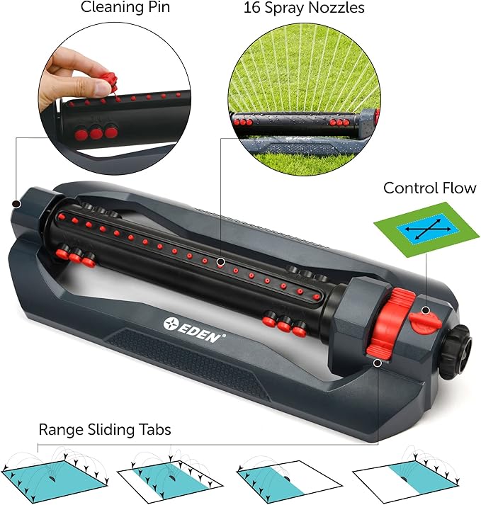 Eden 96212 Turbo Oscillating Sprinkler, Covers Up to 4,499 sq. ft., 18 Precision Nozzles, Flow and Width Controls, Adjustable Range, Triple Nozzle Switches, Quick Connects, Filters