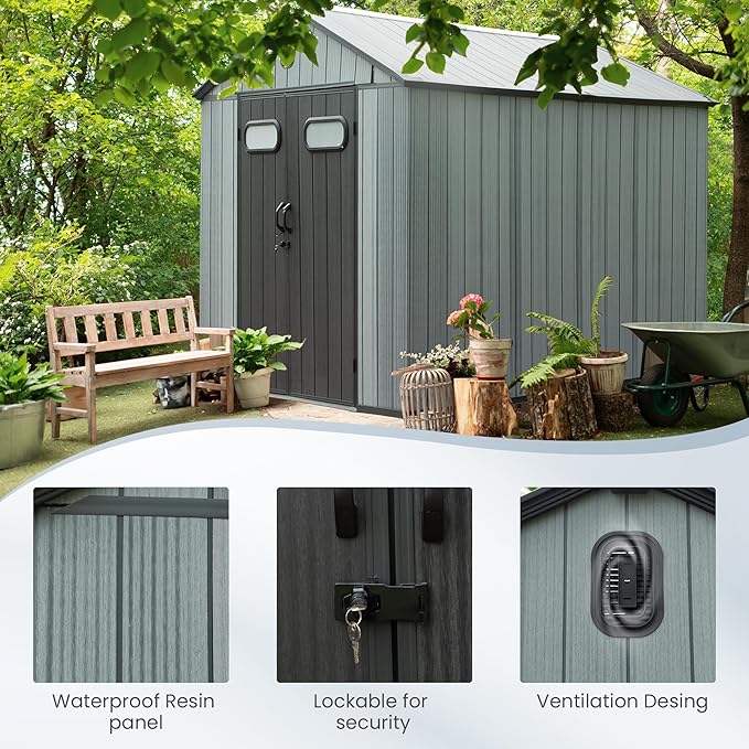Domi 8x12 FT Outdoor Resin Storage Shed, All-Weather Double-Wall Storage Building for Backyard, Garden, Lawn Tools, Mower, Bike & Pool Equipment, Lockable Doors, Ventilated Roof, Grey