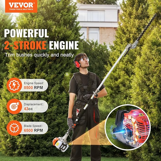 VEVOR 43cc 6-in-1 Multi-Functional Trimming Tool, Hedge Trimmer, Weed Eater, String Trimmer, Brush Cutter, Edger, Pole Saw Chainsaw Pruner with Extension Pole, w/EPA, CE and EMC Certification