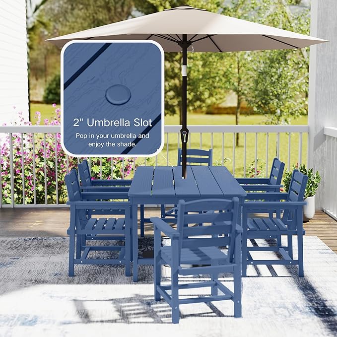 7 Piece Patio Dining Set with 11ft Patio Umbrella (Royal Blue), 7 Navy Outdoor HDPE Dining Set with 6 Chairs + 1 Large Table, for Market, Pool, Garden, Backyard, Deck