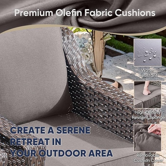 3 Pieces Patio Furniture Set-Wicker Patio Chairs Set of 2 with Tempered Glass End Table Outdoor Patio Chairs for Deck Balcony Poolside Backyard-Brown/Grey