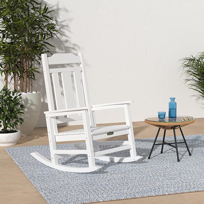 SERWALL Outdoor Rocking Chair White Set of 8, All Weather Patio Rocking Chair, HDPE Poly Rocking Chair for Adults, Heavy Duty Front Porch Rocker