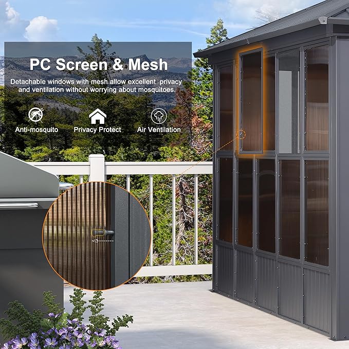 PURPLE LEAF 12' X 20' Sunroom with Light Permanent Hardtop Gazebo Solarium Galvanized Steel Double Roof Aluminum Outdoor Screen House for Patio Deck Backyard Grey