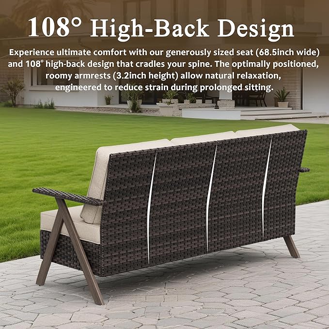 7 Pieces Patio Furniture Set,Outdoor Sofa & High Back Wicker Patio Chairs, Patio Conversation Set with Ottoman for Deck Yard and Poolside