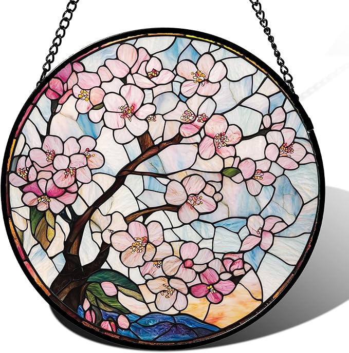 Stained Glass Window Hanging - Cherry Blossoms Suncatcher for Door Garden Home Decor Pink Flowers Sun Catcher Christmas Birthday for Friend Lovers Women Mom Nana 7.8 in