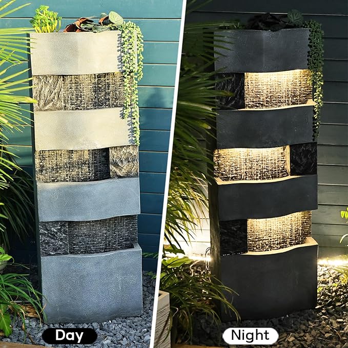 40.5''H Garden Water Fountain Outdoor,4 Tiers Floor Standing Waterfall Outdoor Fountains with LED Lights for Garden, Patio, Backyard, Deck, Porch and Home Art Decor