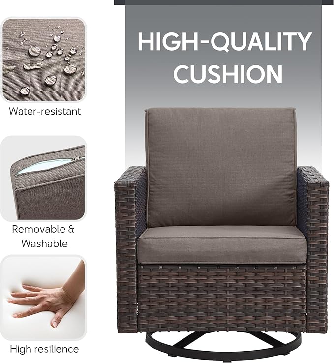 6 Piece Wicker Patio Furniture Set - Outdoor Swivel Rocker Chairs Set with Side Table, 3 Seat Sofa and Ottomans, Small Patio Conversation Sets Proch Furniture for Balcony Deck - Brown/Grey