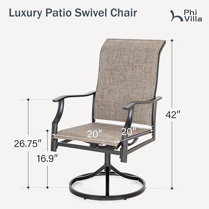 PHI VILLA Swivel Patio Dining Chair with 42" High Back, Padded Textilene Deep Seating Outdoor Chairs with Armrest & E-Coating Frame, All Weather-Resistant for Deck Lawn Garden, Set of 8