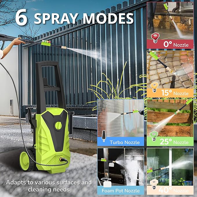 Pressure Washer Upgraded, 2100PSI, 26" Tall, 4 Quick Connect Nozzles,Inlet Hose&Filter, 6 Spray Modes for Cars/Fences/Driveways/Home Cleaning, Green