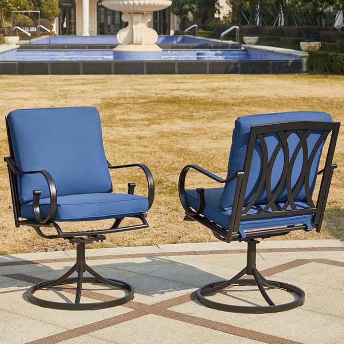 MELLCOM Patio Swivel Chair Set of 2, Outdoor Dining Chairs with Thickened Cushions, Metal Patio Chairs Gentle Rocker for Outside, Garden Lawn & Porch, Blue