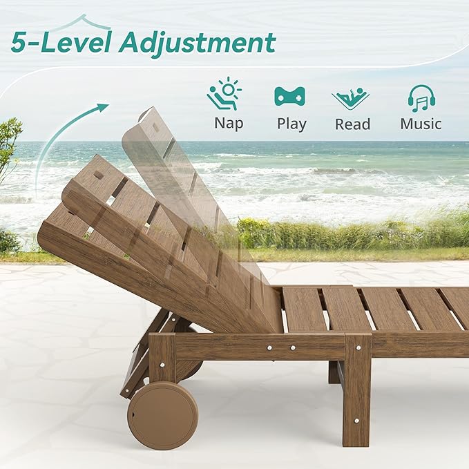Outdoor Chaise Lounge Chairs with Table, 2-Piece, 26.8” Super Wide Lounge Chair Outdoor, HDPS Pool Chairs with 5 Positions, Patio Lounge Chair with Wheels for Pool,Lawn,Backyard, Brown