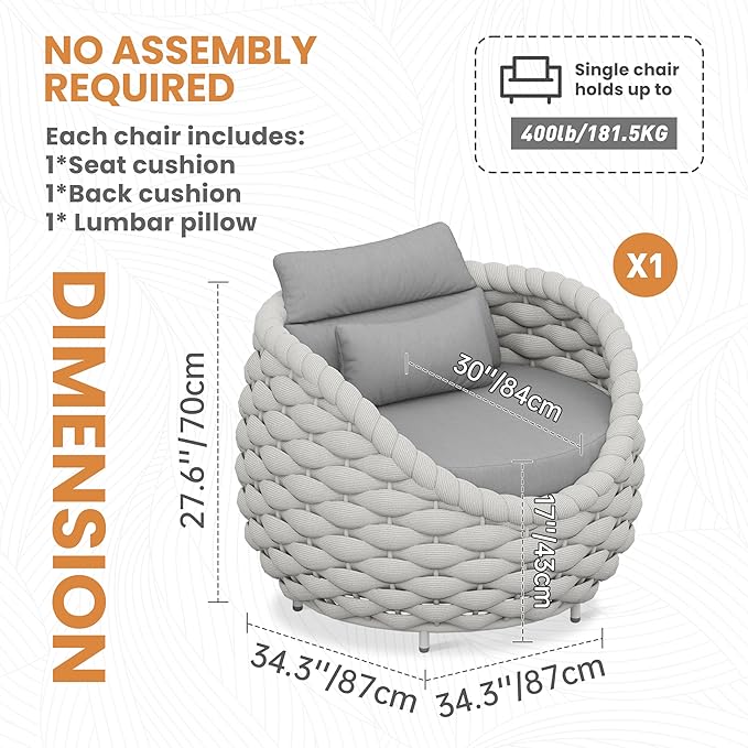 Patio Accent Chairs: Aluminum Porch Lounge Chair with Arms - Woven Rope Cushioned Armchair - Modern One Seater Chair - Outdoor Deck Furniture for 400lbs Balcony Lanai Poolside Garden Hotel, Gray