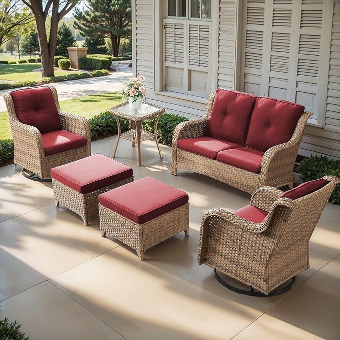 Outdoor Wicker Patio Furniture Set - 6 Piece Rattan Patio Conversation Set with 2 Rocking Swivel Chairs,2 Ottomans,1 Loveseat and 1 Side Table for Porch Deck Backyard Garden(Yellow/Red)