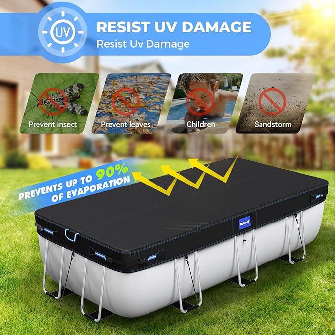 9x18 Ft Rectangular Pool Cover with Reflective Strips for Above Ground Pool, 420D Swimming Pool Cover for Rectangular or Oval Frame Pools, Solar Cover with Drawstring and Ground Nails
