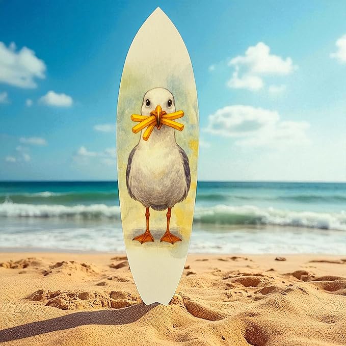 JennyGems Funny Seagull Surfboard Wall Art – Coastal Beach Decor, Seagull with Fries, Outdoor PVC Surfboard Sign (3 Foot)