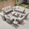 10 Pieces Patio Furniture Set Outdoor Sectional Sofa Couch with Rocking Swivel Chairs 5" Deep Seat Chairs, Modern Wicker Rattan Conversation Set, Beige/Brown Wicker