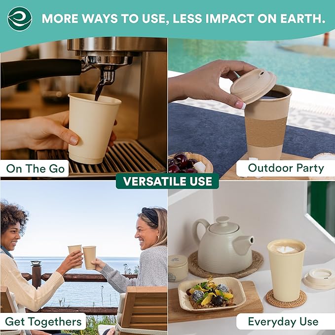 ECO SOUL 100% Compostable Plant-Based 8oz Hot Cups | (100 Count, 8 oz Hot Cups) | Disposable Bagasse Paper Cups | Eco-friendly Cups | Sturdy, Microwave & Oven Safe
