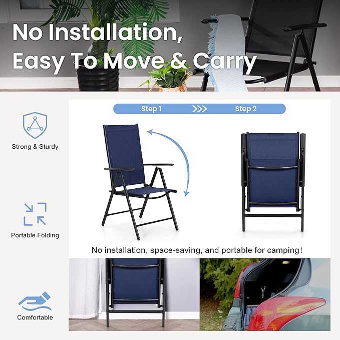 PHI VILLA Outdoor Patio Dining Set for 4 with Umbrella (Beige), Patio Table and Chairs with Adjustable Patio Folding Chairs Blue for Yard and Garden
