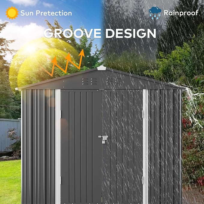 Gizoon Outdoor Storage Shed 8 x 6 FT, Galvanized Metal Garden Shed with Double Lockable Doors, Outdoor Storage Clearance for Backyard Patio Lawn-Dark Grey