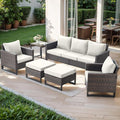 Rilyson Wicker Outdoor Patio Furniture Set - 6 Piece Patio Conversation Set with 2 Armrest Chairs,2 Rattan Ottoman,1 Couch and 1 Metal Side Table for Outside Porch Deck Backyard(Brown/Beige)