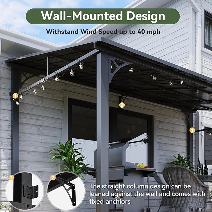 Aoxun 10' x 14' Lean to Gazebo, Upgraded Hardtop Outdoor Pergola with Sloping Galvanized Steel Roof, Large Wall-Mounted Heavy Duty Awnings for Patio, Backyard, Deck, Porch (Black)