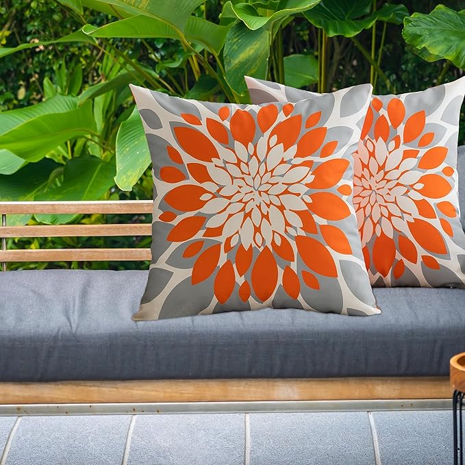 Qahing Pack of 4 Fall Outdoor Waterproof Pillow Covers 20x20 Decorative Outdoor Throw Pillows Garden Square Cushion Cases for Patio Furniture, Couch, Tent Sunbrella, Bench, Orange Grey