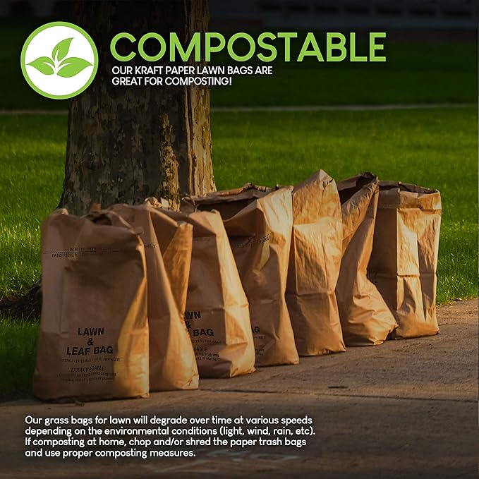 30 Gallon Kraft Lawn and Leaf Bags (20 Pack) Eco-Friendly Heavy Duty Large Paper Trash Bags, Made in the USA Tear Resistant Yard Waste Bags for Grass Clippings, Wet and Dry Leaves, Weeds, Twigs