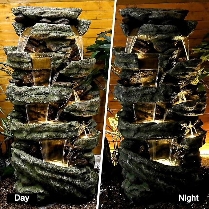 Naturefalls 59inches Outdoor Rock Water Fountain with LED Lights - Multi-Tiers Poly-Resin Cascading Waterfall Fountain for Garden, Patio, Yard, Home Decor