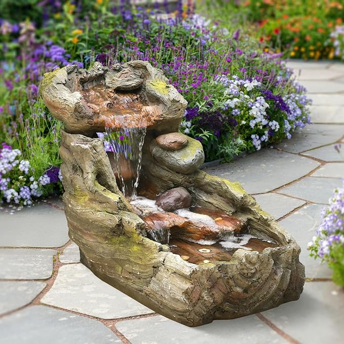 32.5" L Garden Outdoor Water Fountain, Floor Standing Cascading Realistic Tree Trunk Natural Waterfall Outdoor Fountains with LED Lights for Patio, Porch, Home Art Decor