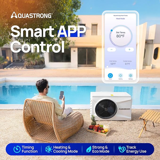 Aquastrong Inverter Swimming Pool Heat Pump, 55,000 BTU 16,000 Gallons Electric Pool Heater for Above Ground and Inground Pool, WiFi Capable Timer, Heating and Cooling Pool Heater 220V