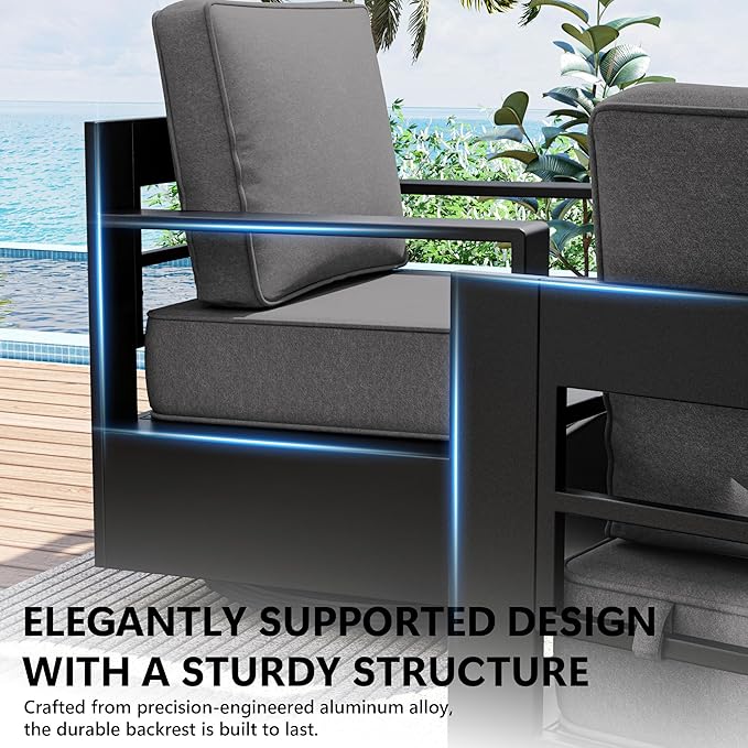 Outdoor Patio Furniture Set, 4-Piece Aluminum Patio Conversation Set All-Weather Metal Outdoor Sectional with 6 Inch Thick Cushions, Deep Setting for Garden, Outside and Porch