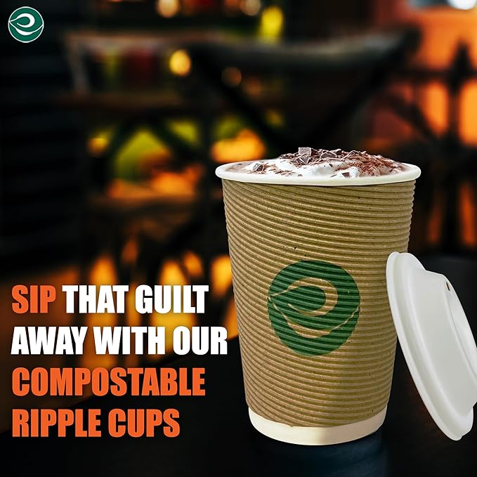 ECO SOUL 16oz Compostable Ripple Cups (100 Pack) – Biodegradable Paper Cups, Non-Toxic Disposable Cups for Hot Drinks, To-Go Coffee Cups, Eco-Friendly & Ripple Paper Cups