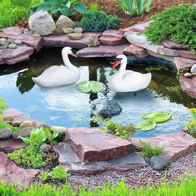 Floating Swan Decoy Pair, for Pond, Lake, & Pool Use, Anchor with Weights or Lawn Decoration, 1 Pair(Single Size 6.29 * 10.23 * 12.99 Inches)