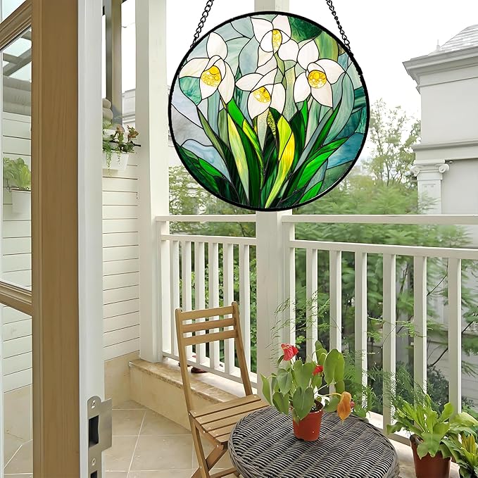 Stained Glass Window Hanging - White Snow Lotus Birth Flower Suncatcher for Doors Garden Patio Sun Catchers Decor Christmas Mother's Day Birthday Gifts for Women Men Mom Nana Friend 6.3 in