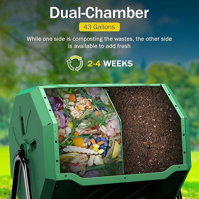 F2C Compost Bin Outdoor Dual Chamber Tumbling Composter 43 Gallon BPA Free Large Tumbler Composters Tumbling or Rotating w/Sliding Doors & Solid Steel Frame Garden Yard Black