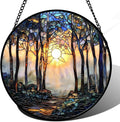 Stained Glass Window Hanging, Forest Sunrise Smoke Blue Brown Tree Suncatcher for Doors Window Home Landscape Sun Catchers Decor Mother's Day Birthday Gifts for Women, Men Mom 11.8 in