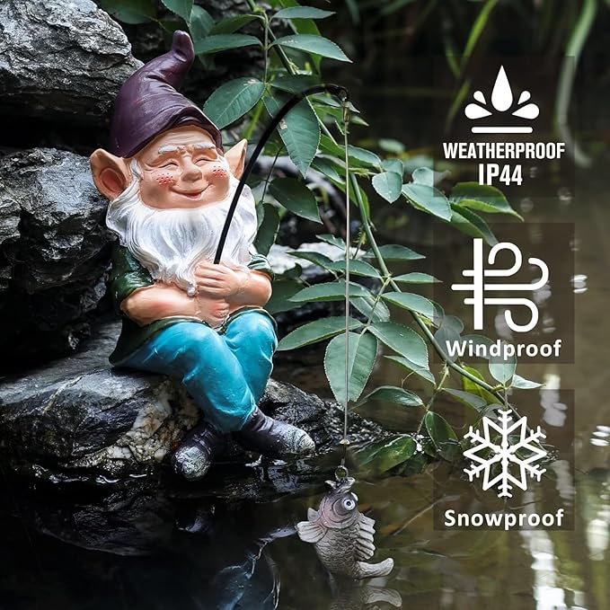 Garden Gnome Fishing Statue, 9.7" Koi Pond Decor with Glow in Dark Pebbles, Great Gift for Mom