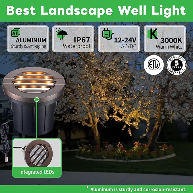 LED Outdoor In-Ground Well Lights, 12V Low Voltage Wired Landscape Lighting for Pathway & Driveway, IP67 Waterproof, 3000K Warm White Anti-Glare, Aluminum ORB Finish (4-Pack, Integrated LED)