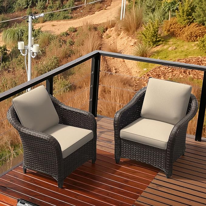 Vista Vibe Outdoor Patio Deep Seat Chairs Set of 2, Washable Cushions, Hand-Woven PE Rattan, All-Weather & Steel Frame, Garden, Bistro, Deck, Yard (Beige)