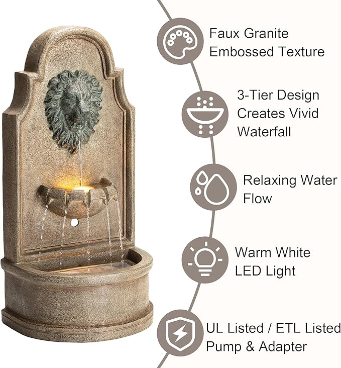 Glitzhome Tiered Wall Mounted Outdoor Water Fountain With LED Light - Vintage European Style 3-Tier Oversized Lion Head Waterfall - Faux Granite for Garden, Patio, Deck, Porch, 31.75"H