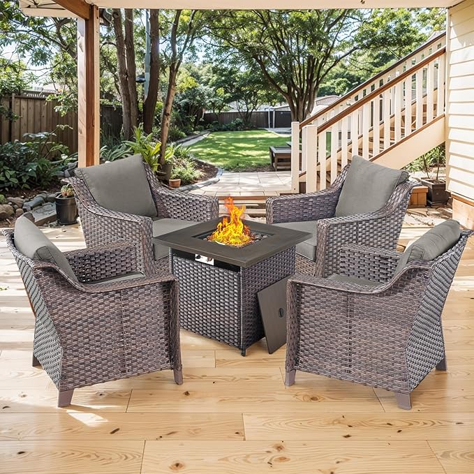 Outdoor Wicker Patio Chairs Set of 4 - Heavy Duty Outside Rattan Lawn Chair for Front Porch Balcony Backyard Yard Deck Poolside Apartment – Brown/Grey