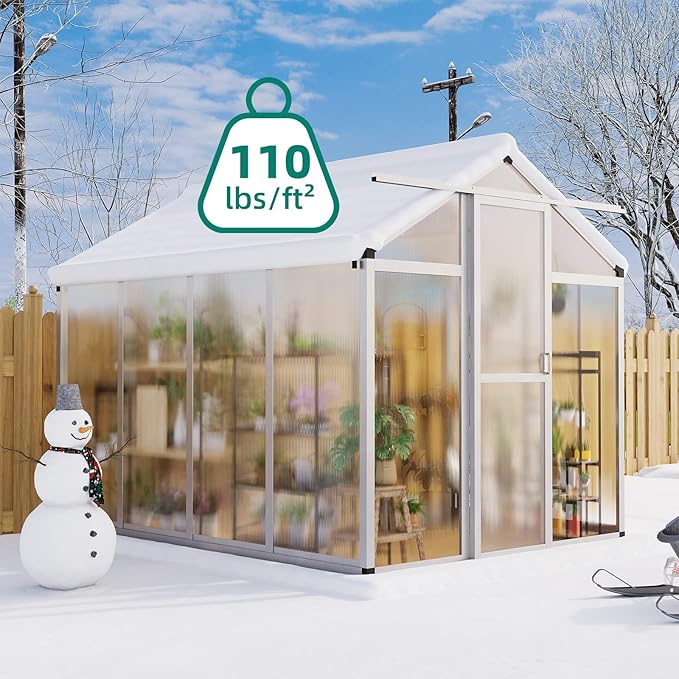 6x8 FT Polycarbonate Greenhouse with Roof Vent - Large Aluminum Walk-in Greenhouse Kit for Gardening, Backyard, Patio, Lawn - Easy Assembly