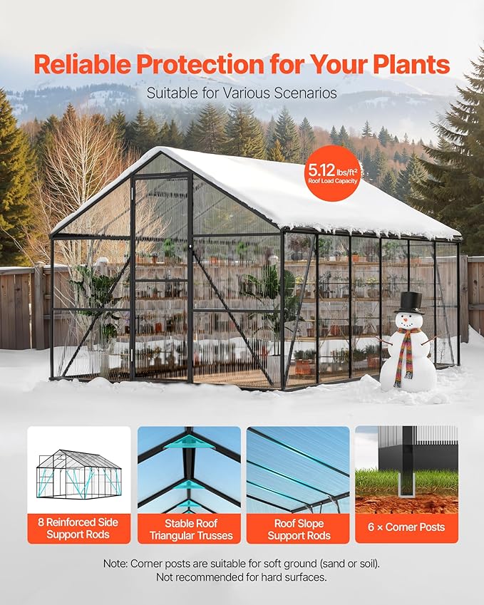 VEVOR 8 x 12 FT Polycarbonate Greenhouse, Heavy Duty Outdoor Green House with Adjustable Vent & Push-Pull Lockable Door, Quick Setup, Aluminum Frame Walk-in Greenhouse Sunroom for Outside Garden Lawn