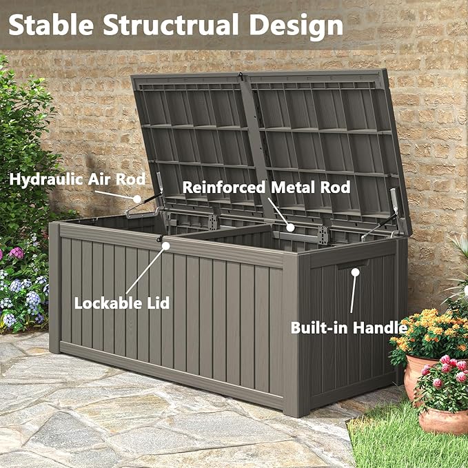Outdoor Storage Box, 180 Gallon Deck Box, Waterproof and UV Resistant Large Resin Storage Bin, Organization and Storage for Patio Furniture, Outdoor Cushions, Garden Tools, Lockable