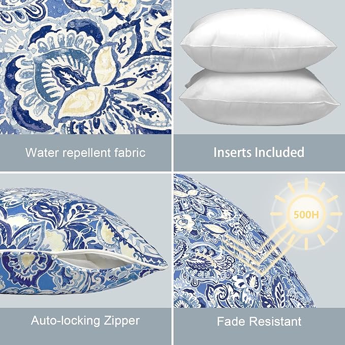 LVTXIII Set of 2 Patio Throw Pillows Waterproof 20"x20" Fade Resistant Outdoor Throw Pillows with Inserts, Decorative Garden Toss Pillow Cushions for Home Patio Sofa Use, Floral Bluish Violet