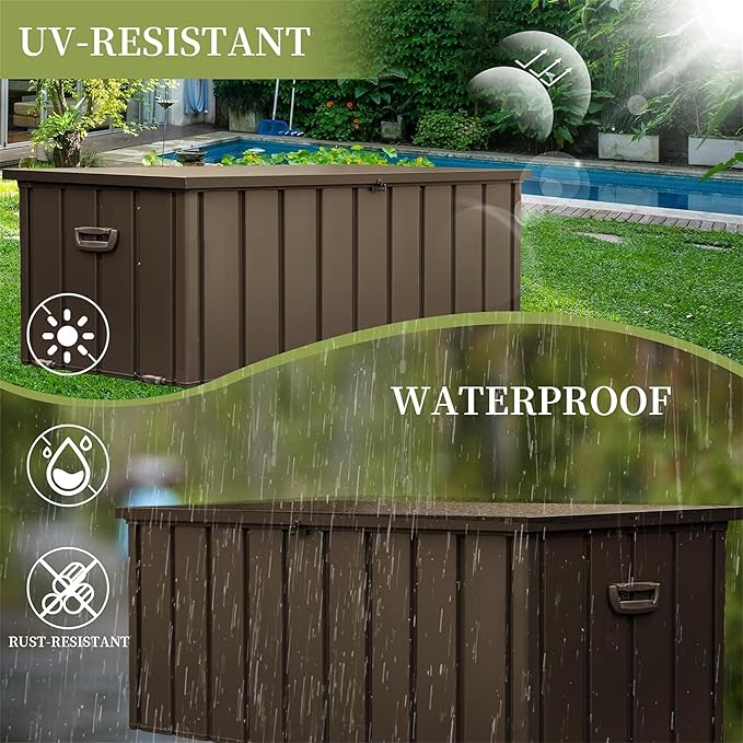 200 Gallon Outdoor Storage Deck Box with Lockable and Mobile Roller, Large Steel Container Bin with Waterproof and UV Resistant for Garden, Patio, Dark Brown