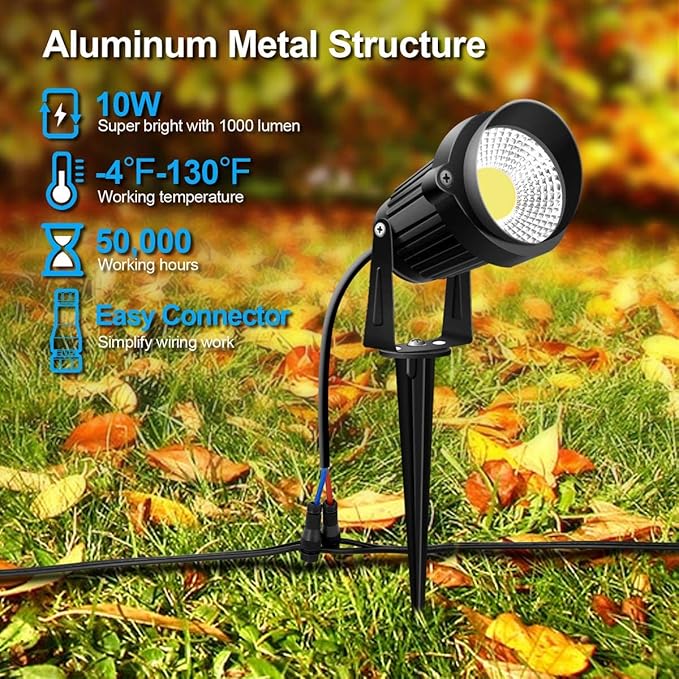ZUCKEO Low Voltage Landscape Lights LED Landscape Lighting with Connectors, 10W 12V 24V Outdoor Spotlights Waterproof Garden Flood Pathway Yard Lights 1000LM Daywhite Light(10Pack with Connector)