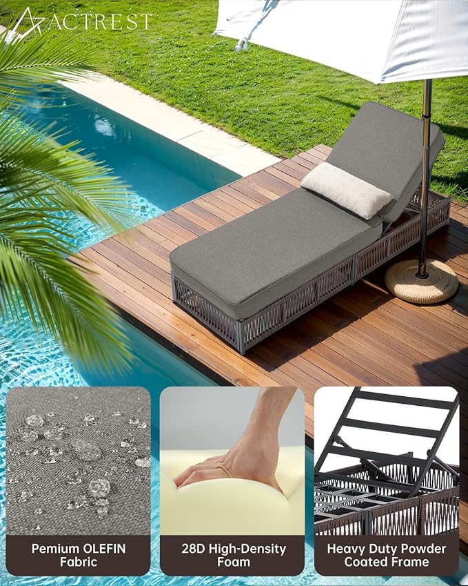 Luxury Outdoor Chaise Lounge with 5 Inch Thickened Cushions - 1 Set High Back Brown Wicker Patio Recliners Rattan Reclining Chairs Porch Poolside Pool Sunbathing Lounger - Grey