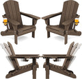 SERWALL Folding Adirondack Chair Set of 4, Adjustable Adirondack Chair with 3 Recline Positions, All Weather HDPE Outdoor Adirondack with Cup Holders, Coffee